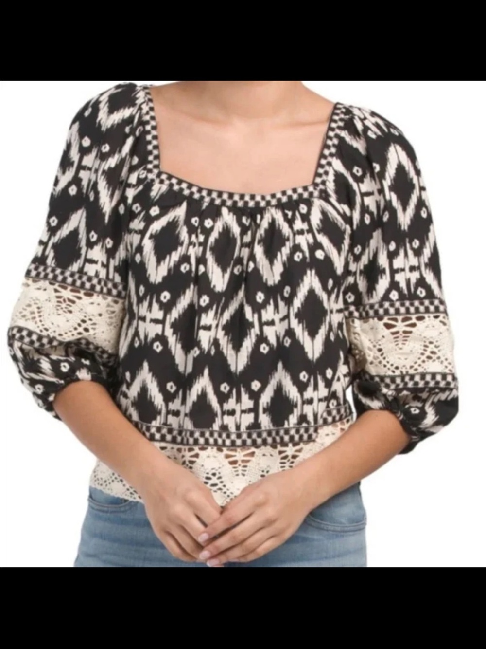 Christian Siriano Black & Cream Crochet-Trim Peasant Blouse
